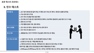 17 / 30
표준 테스트 프로세스
9. 인수 테스트
해야할 일 1. 요구 분석 명세서와 일치 하는 지 확인 (인수 테스트 케이스 명세서 실행 및 측정)
2. 이슈 관리 문서 작성
4. 인수 테스트 품질 목표 달성 확인
5. 인수테스트가 끝나면 사용자에게 인계하고 프로젝트 종료한다.(표준 평가 도구 사용)
6. 완료 보고서 작성
7. 리뷰 활동 (동료 리뷰, 검토 회의)
필요 산출물 1. 인수 테스트 케이스 명세서 및 이슈 관리 문서
2. 인수 테스트 결과 보고서
참고사항 1. 결함을 찾는 것이 주 목적이 아님(알파, 베타 테스트 제외)
인수 테스트 종류 1. 사용자 인수 테스팅 : 요구사항 충족 되었는지 확인
2. 운영 인수 테스팅 : 백업/복원 테스팅
3. 계약 및 규제 인수 테스팅 : 계약상의 인수 통과 조건 준수하는 지 체크
정부지침, 법률, 안정 규정 등을 준수해서 개발되었는지 체크
4. 알파(alpha) 및 베타(beta) 테스팅 : 전자는 내부에서 테스트, 후자는 클로즈 베타, 오픈 베타가 있음
 