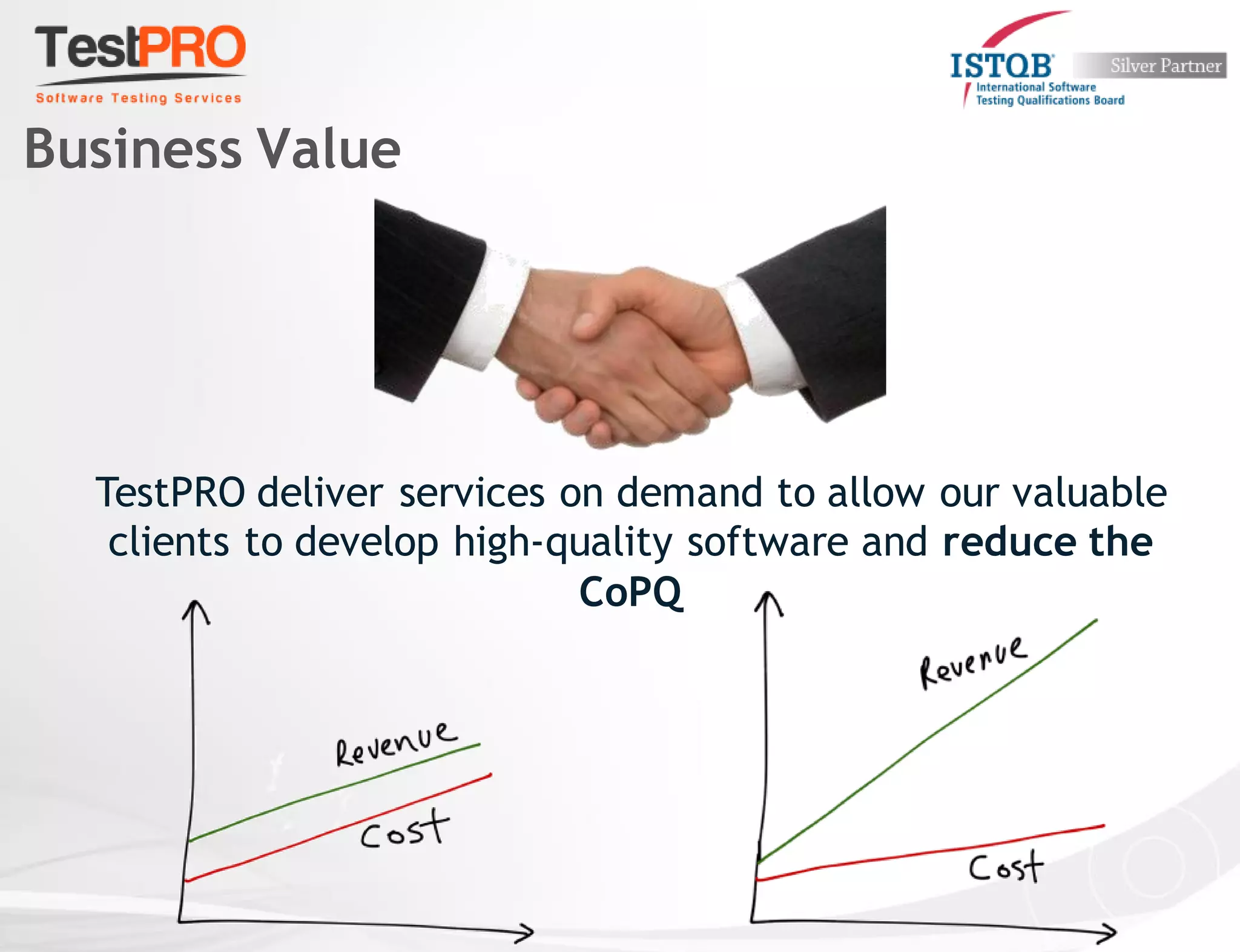 TestPRO deliver services on demand to allow our valuable
clients to develop high-quality software and reduce the
CoPQ
Business Value
 