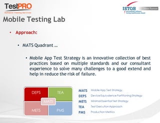 • Approach:
• MATS Quadrant …
• Mobile App Test Strategy is an innovative collection of best
practices based on multiple standards and our consultant
experience to solve many challenges to a good extend and
help in reduce the risk of failure.
Mobile Testing Lab
 