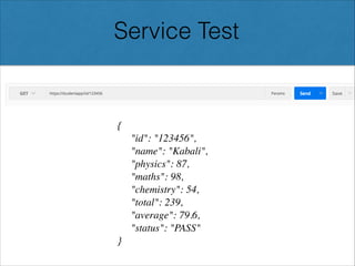 Service Test
{
"id": "123456",
"name": "Kabali",
"physics": 87,
"maths": 98,
"chemistry": 54,
"total": 239,
"average": 79.6,
"status": "PASS"
}
 