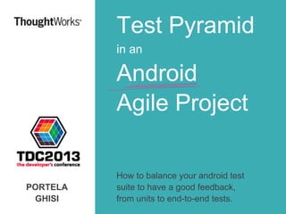 Test Pyramid
in an

Android
Agile Project

PORTELA
GHISI

How to balance your android test
suite to have a good feedback,
from units to end-to-end tests.

 