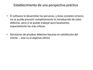 Establecimiento de una perspectiva práctica
• El software lo desarrollan las personas, y éstas cometen errores;
no se puede prevenir completamente la introducción de estos
defectos, pero sí se puede trabajar para localizarlos,
especialmente los más críticos
• Decisiones de pruebas deberían basarse en satisfacción del
cliente -- este es el objetivo último
 
