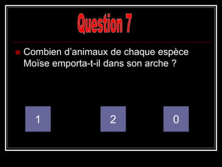  Combien d’animaux de chaque espèce
Moïse emporta-t-il dans son arche ?
1 2 0
 