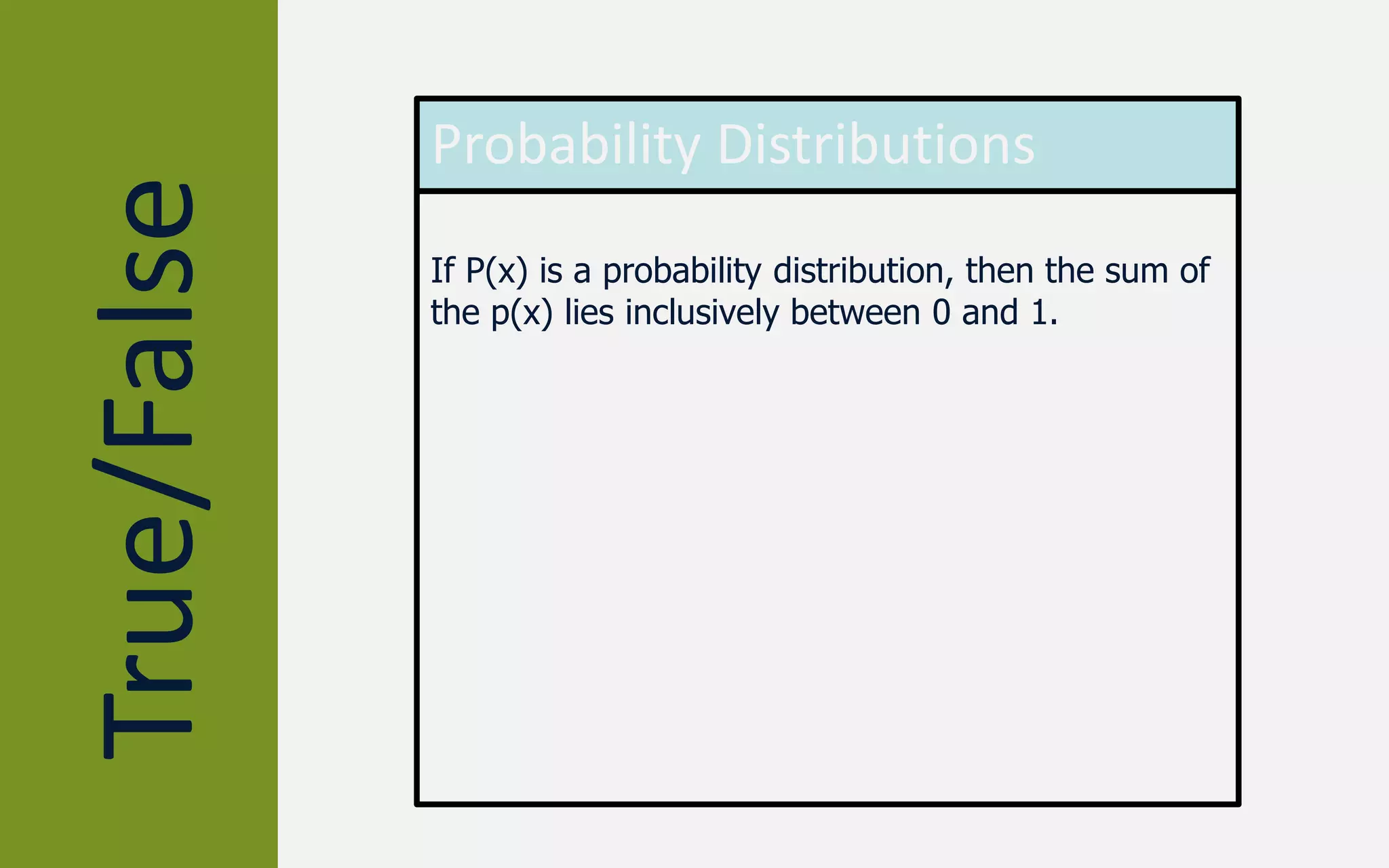 True/False Probability Distributions
If P(x) is a probability distribution, then the sum of
the p(x) lies inclusively between 0 and 1.
 