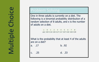 MultipleChoice Problem Solving
One in three adults is currently on a diet. The
following is a binomial probability distribution of a
random selection of 8 adults, and x is the number
of adults on a diet.
What is the probability that at least 4 of the adults
are on a diet?
a. .17 b. .92
c. .25 d. .33
x 0 1 2 3 4 5 6 7 8
p(x) 0.04 0.16 0.28 0.27 0.17 0.07 0.02 0.00 0.00
 