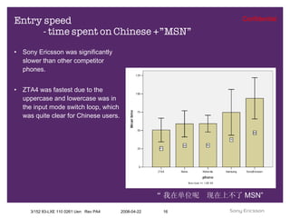 Entry speed - time spent on Chinese +”MSN” Sony Ericsson was significantly slower than other competitor phones. ZTA4 was fastest due to the uppercase and lowercase was in the input mode switch loop, which was quite clear for Chinese users. “ 我在单位呢  现在上不了 MSN” 