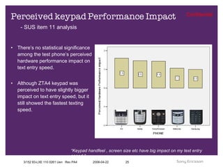 Perceived keypad Performance Impact There’s no statistical significance among the test phone’s perceived hardware performance impact on text entry speed.  Although ZTA4 keypad was perceived to have slightly bigger impact on text entry speed, but it still showed the fastest texting speed.  - SUS item 11 analysis “ Keypad handfeel , screen size etc have big impact on my text entry speed.” 