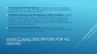 MATH CLAIMS DESCRIPTORS FOR ALL
GRADES
 Concepts and Procedures: Student can explain and apply
mathematical concepts and interpret and carry out mathematical
procedures with precision and fluency.
 Problem Solving and Modeling & Data Analysis: Student
can solve a range of complex well-posed problems in pure and
applied mathematics, making productive use of knowledge and
problem solving strategies. Students can analyze complex, real-
world scenarios and can construct and use mathematical models to
interpret and solve problems.
 Communicating Reasoning: Student can clearly and
precisely construct viable arguments to support their own reasoning
and to critique the reasoning of others.
 
