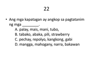 22
• Ang mga kapatagan ay angkop sa pagtatanim
ng mga ________.
A. palay, mais, mani, tubo,
B. tabako, abaka, pili, strawberry
C. pechay, repolyo, kangkong, gabi
D. mangga, mahogany, narra, bakawan
 