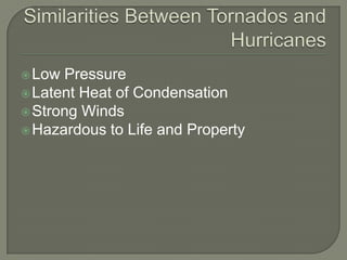 Similarities Between Tornados and Hurricanes,[object Object],Low Pressure,[object Object],Latent Heat of Condensation,[object Object],Strong Winds,[object Object],Hazardous to Life and Property,[object Object]