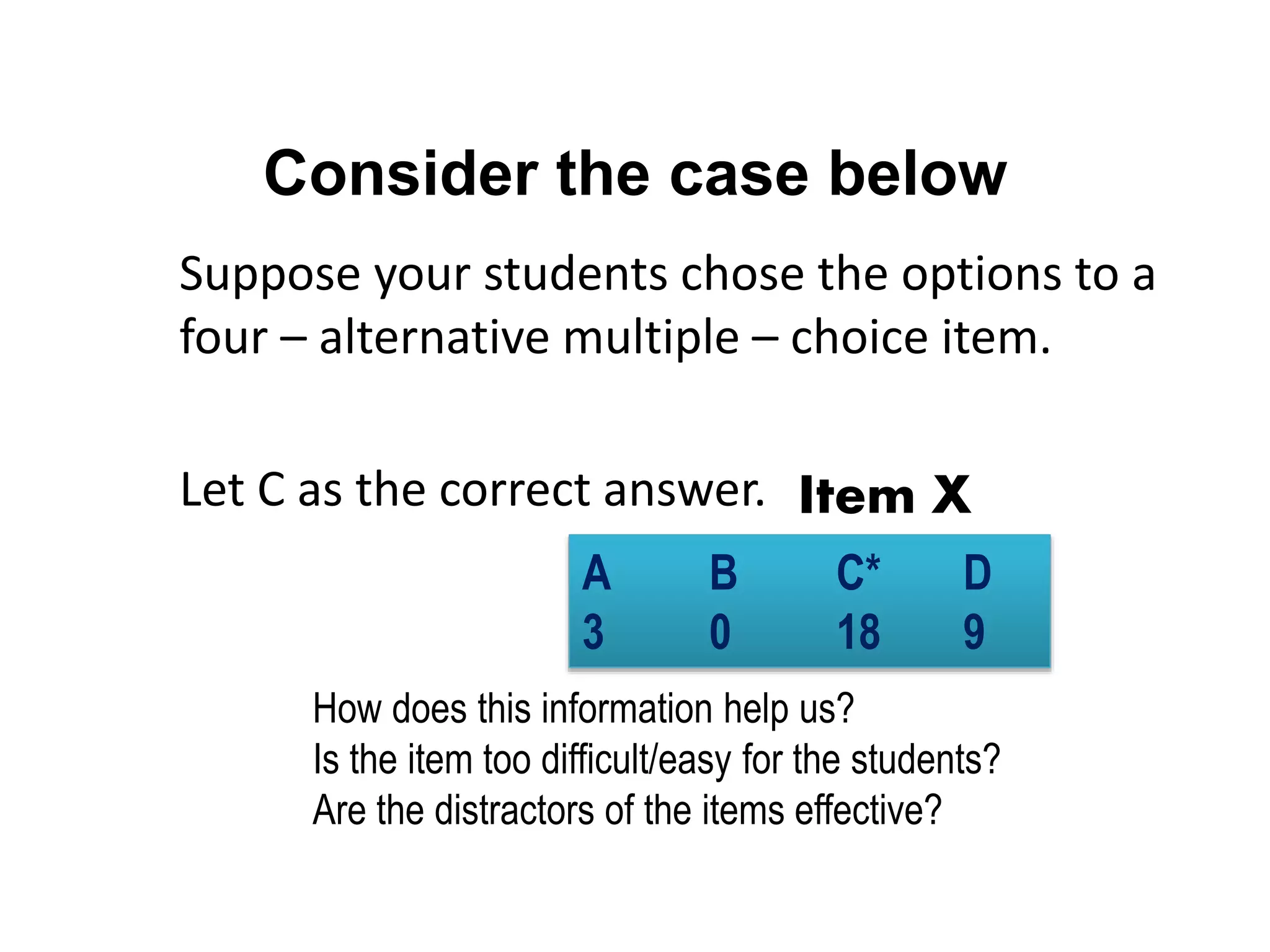 Consider the case below
Suppose your students chose the options to a
four – alternative multiple – choice item.
Let C as the correct answer.
A B C* D
3 0 18 9
How does this information help us?
Is the item too difficult/easy for the students?
Are the distractors of the items effective?
Item X
 