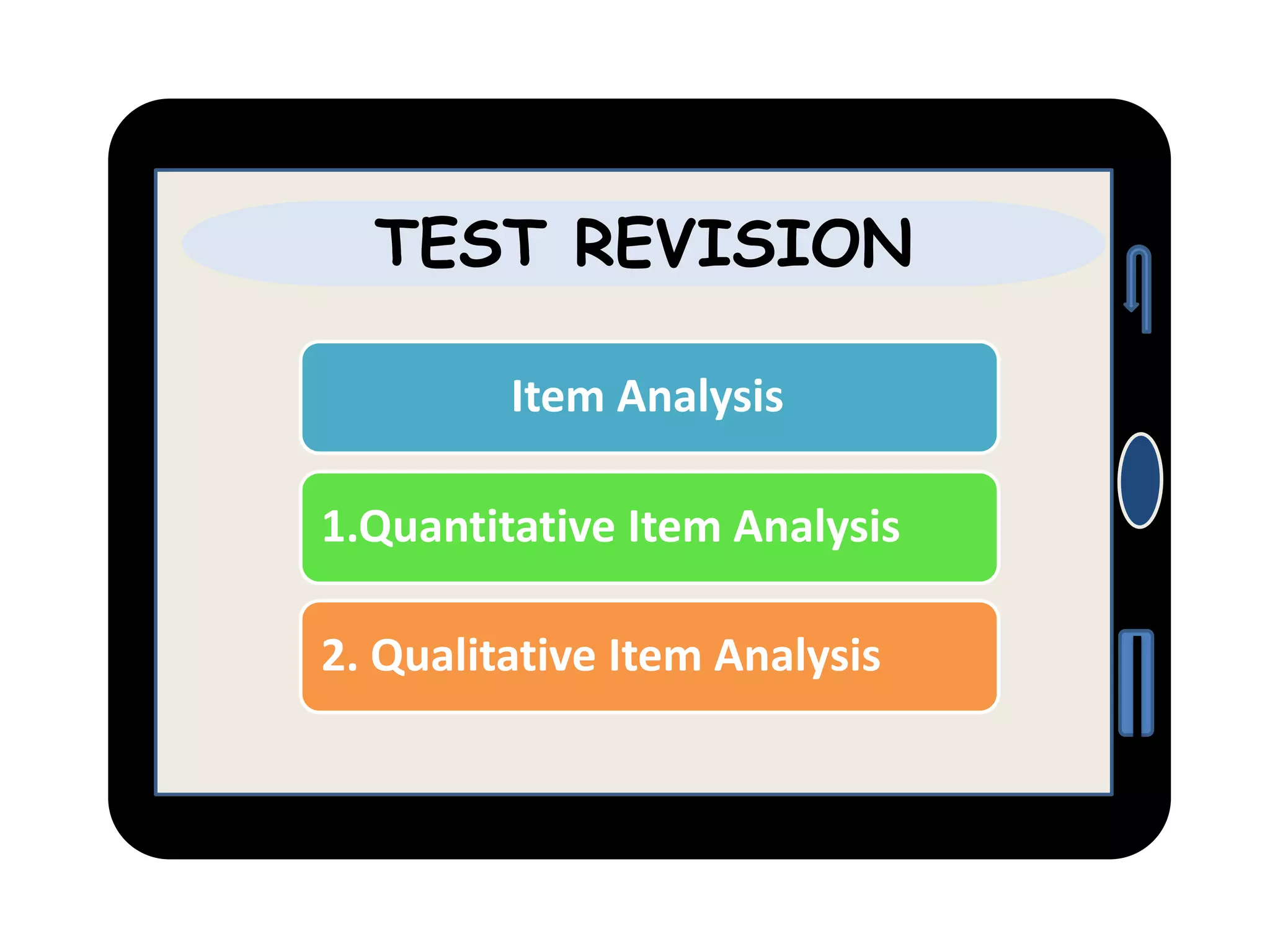 TEST REVISION
Item Analysis
1.Quantitative Item Analysis
2. Qualitative Item Analysis
 