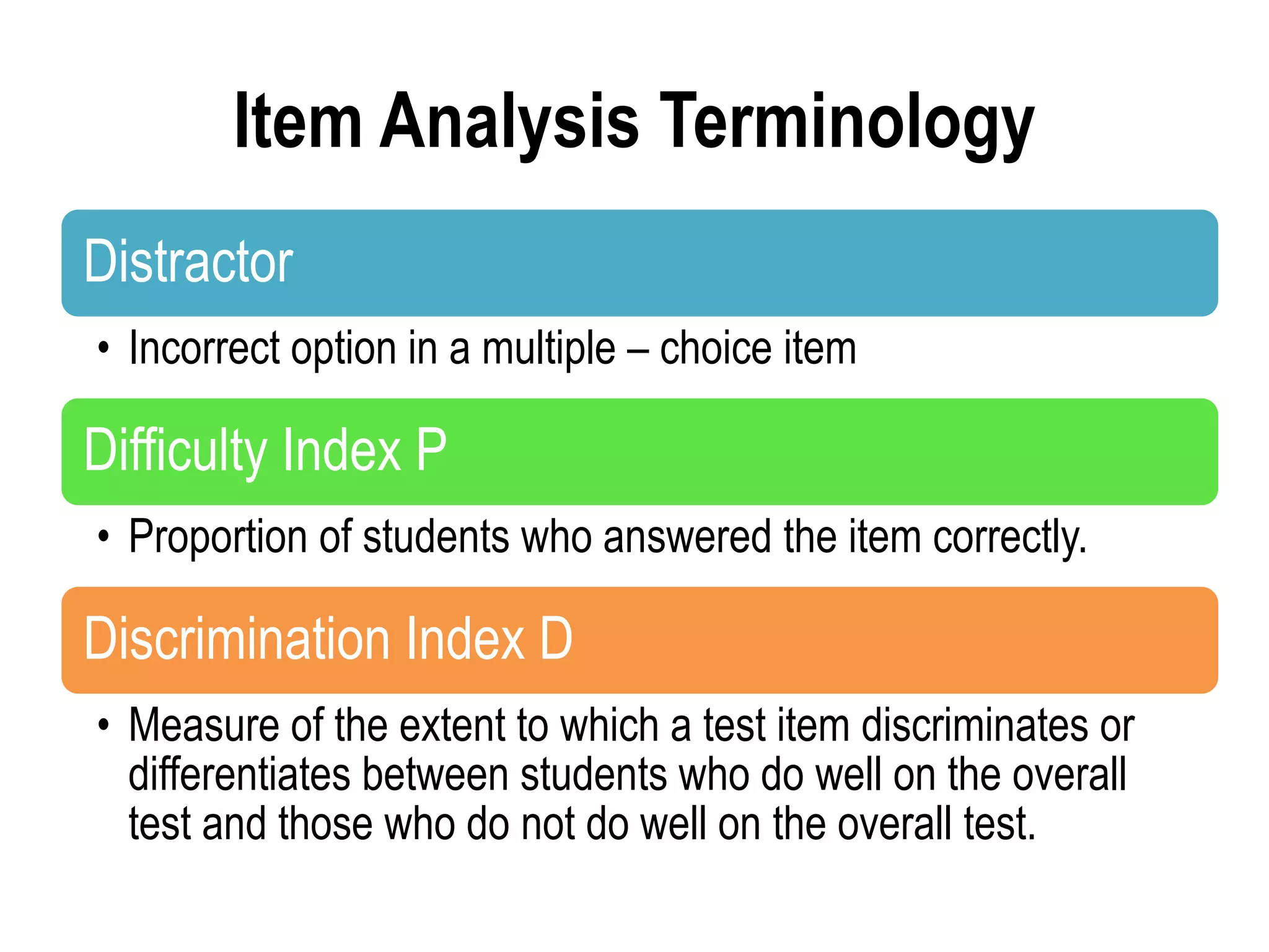 Item Analysis Terminology
Distractor
• Incorrect option in a multiple – choice item
Difficulty Index P
• Proportion of students who answered the item correctly.
Discrimination Index D
• Measure of the extent to which a test item discriminates or
differentiates between students who do well on the overall
test and those who do not do well on the overall test.
 