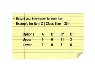 4. Record your information for each item
Example for item X ( Class Size = 30)
Options A B C* D
Upper 1 0 11 3
Lower 2 0 7 6
 