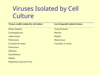 Viruses Isolated by Cell
Culture
Viruses readily isolated by cell culture Less frequently isolated viruses
Herpes Simplex Varicella-Zoster
Cytomegalovirus Measles
Adenoviruses Rubella
Polioviruses Rhinoviruses
Coxsackie B viruses Coxsackie A viruses
Echoviruses
Influenza
Parainfluenza
Mumps
Respiratory Syncytial Virus
 