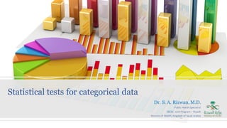 Statistical tests for categorical data
Dr. S. A. Rizwan, M.D.
Public	Health	Specialist
SBCM,	Joint	Program	– Riyadh
Ministry	of	Health,	Kingdom	of	Saudi	Arabia
 