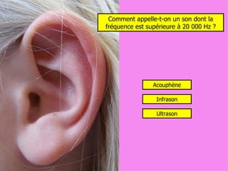 Comment appelle-t-on un son dont la fréquence est supérieure à 20 000 Hz ? Infrason Ultrason Acouphène 