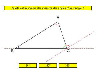 Quelle est la somme des mesures des angles d’un triangle ? 90° 180° 360° 