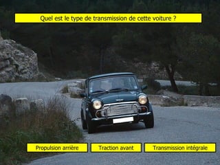 Quel est le type de transmission de cette voiture ? Traction avant Propulsion arrière Transmission intégrale 