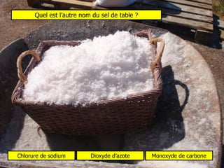 Quel est l’autre nom du sel de table ? Chlorure de sodium Dioxyde d’azote Monoxyde de carbone 