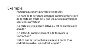 Exemple
Plusieurs questions peuvent être posées
•Le nom de la personne désignée comme propriétaire
de la carte de crédit ainsi que les autres informations
sont-elles correctes?
•La carte est-elle encore active ou est ce qu’elle a été
annulé?
•Le solde du compte permet-il de terminer la
transaction?
•Est-ce que la transaction est émise à partir d'un
endroit normal ou un endroit suspect?
 