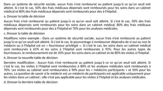 Dans un système de sécurité sociale, aucun frais n’est remboursé au patient jusqu'à ce qu’un seuil soit
atteint. Si c’est le cas, 50% des frais médicaux dépensés sont remboursés pour les soins dans un cabinet
médical et 80% des frais médicaux dépensés sont remboursés pour des à l'hôpital.
a. Dresser la table de décision
Aucun frais n’est remboursé au patient jusqu'à ce qu’un seuil soit atteint. Si c’est le cas, 50% des frais
médicaux dépensés sont remboursés pour les soins dans un cabinet médical, 80% des frais médicaux
dépensés sont remboursés pour des à l'hôpital et 70% pour les analyses médicales.
c. Dresser la table de décision
Modifions notre exemple : Dans un système de sécurité sociale, aucun frais n’est remboursé au patient
jusqu'à ce qu’un seuil soit atteint. Si c’est le cas, le pourcentage à rembourser dépendra de si oui ou non le
médecin ou à l'hôpital est un « fournisseur privilégié ». Si c’est le cas, les soins dans un cabinet médical
sont remboursés à 65% et les soins à l'hôpital sont remboursés à 95%. Pour les autres types de
fournisseurs, le remboursement est de 50% pour les soins dans un cabinet et de 80% les visites à l'hôpital.
b. Dresser la nouvelle table de décision
Dernière modification : Aucun frais n’est remboursé au patient jusqu'à ce ce qu’un seuil soit atteint. Si
c’est le cas, les visites à l'hôpital sont remboursées à 80% et les analyses médicales sont remboursés à
70%. Les visites au cabinet sont remboursées à 90% pour les « médecins participants » et 50% pour les
autres. La question de savoir si le médecin est un médecin de participants est applicable uniquement pour
les visites dans un cabinet ; elle n’est pas applicable pour les visites à l'hôpital et les analyses médicales.
d. Dresser la dernière table de décision
 
