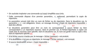 • On souhaite implanter une commande cp (copy) simplifiée sous Unix.
• Cette commande dispose d'un premier paramètre, -r, optionnel, permettant la copie de
répertoire.
• Le paramètre suivant doit être un nom de fichier ou de répertoire. Dans le deuxième cas, le
paramètre « -r » est obligatoire. Sinon, un message d'erreur «Copie de répertoire impossible »
doit être affiché.
• Le deuxième paramètre peut être un nom ne correspondant à aucun fichier ou bien
correspondant à un répertoire inconnu. Dans le premier cas, le fichier/répertoire à copier est
copié avec le nouveau nom spécifié. Dans le deuxième cas, le nom est gardé mais la copie a lieu
dans le répertoire spécifié.
• Si le fichier source n'existe pas, le message « fichier inexistant » est produit.
• Si la destination n'est pas un répertoire, le message « fichier existant » est renvoyé.
• Si source=destination, erreur « Copie impossible »
C1
C2
C3
C4
C5
C6
E1
E2
E3
E4
E5
E6
 