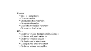 • Causes
• C1 : « -r » est présent
• C2 : source existe
• C3 : source est un répertoire
• C4 : destination existe
• C5 : destination est un répertoire
• C6 : source = destination
• Effets
• E1 : Erreur « Copie de répertoire impossible »
• E2 : Erreur « Fichier inexistant »
• E3 : Erreur « Fichier existant »
• E4 : Copie avec le même nom
• E5 : Copie avec un nouveau nom
• E6 : Erreur « Copie impossible »
 