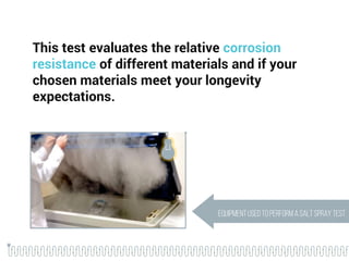 Test samples are placed in an enclosed salt spray testing unit and are
subjected to a continuous indirect fog/spray of a s...