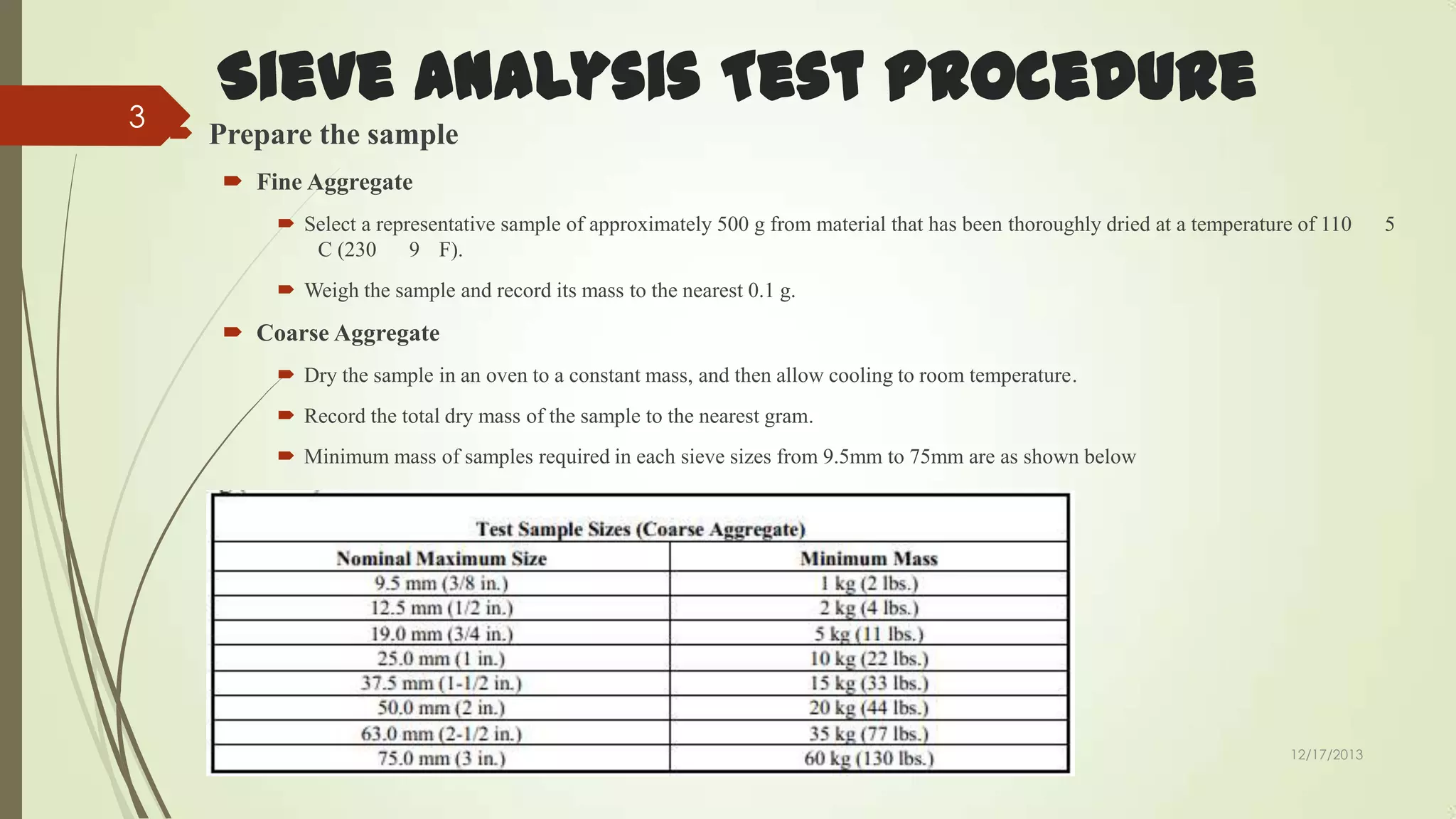 3

Sieve Analysis Test Procedure
 Prepare the sample
 Fine Aggregate
 Select a representative sample of approximately 500 g from material that has been thoroughly dried at a temperature of 110
C (230
9 F).
 Weigh the sample and record its mass to the nearest 0.1 g.

 Coarse Aggregate
 Dry the sample in an oven to a constant mass, and then allow cooling to room temperature.
 Record the total dry mass of the sample to the nearest gram.
 Minimum mass of samples required in each sieve sizes from 9.5mm to 75mm are as shown below

12/17/2013

5

 