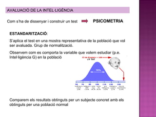 AVALUACIÓ DE LA INTEL·LIGÈNCIA Com s’ha de dissenyar i construir un test PSICOMETRIA ESTANDARITZACIÓ :  S’aplica el test en una mostra representativa de la població que vol ser avaluada. Grup de normalització.  Observem com es comporta la variable que volem estudiar (p.e. Intel·ligència G) en la població Comparem els resultats obtinguts per un subjecte concret amb els obtinguts per una població normal 