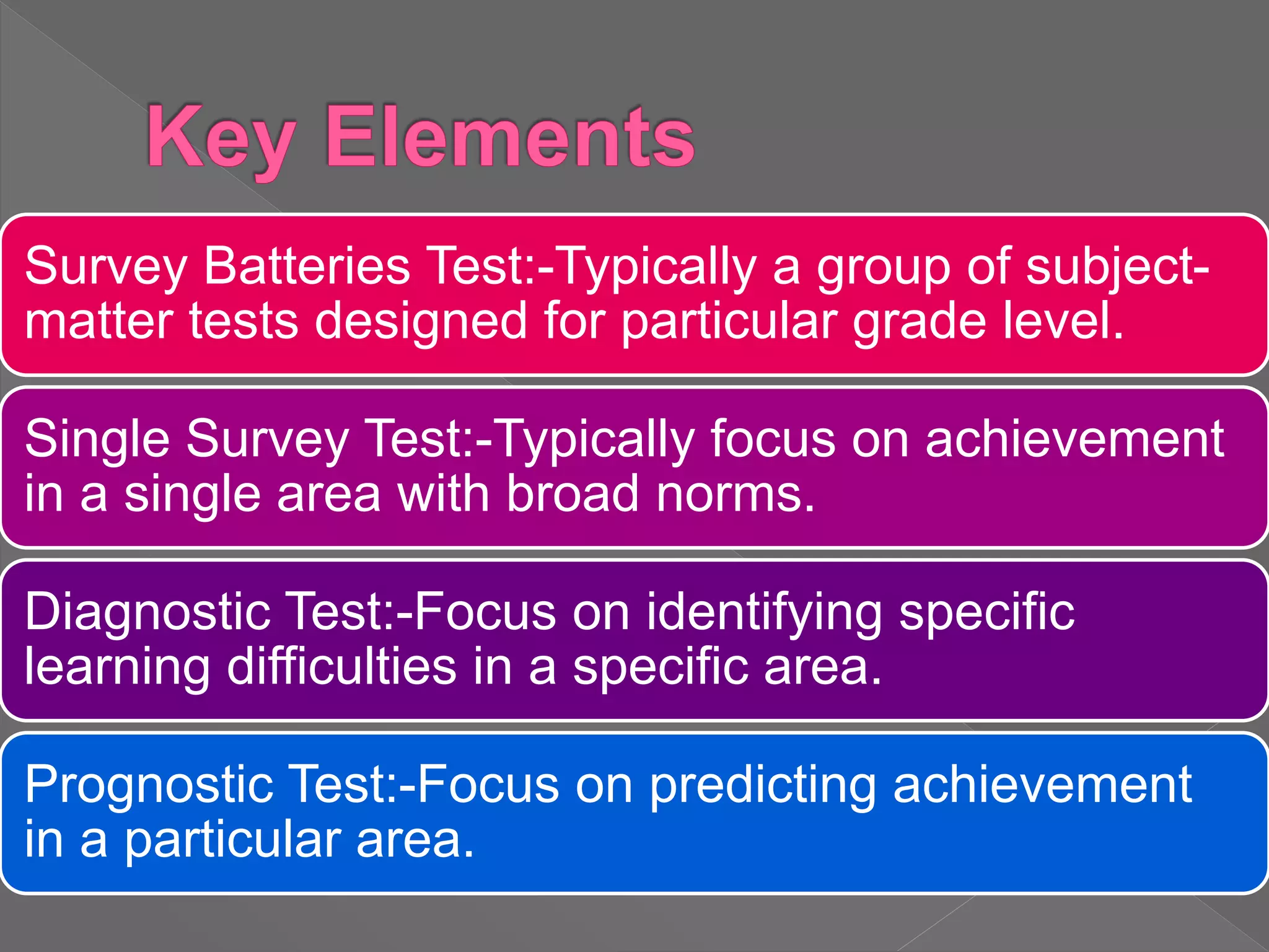 Survey Batteries Test:-Typically a group of subject-
matter tests designed for particular grade level.
Single Survey Test:-Typically focus on achievement
in a single area with broad norms.
Diagnostic Test:-Focus on identifying specific
learning difficulties in a specific area.
Prognostic Test:-Focus on predicting achievement
in a particular area.
 
