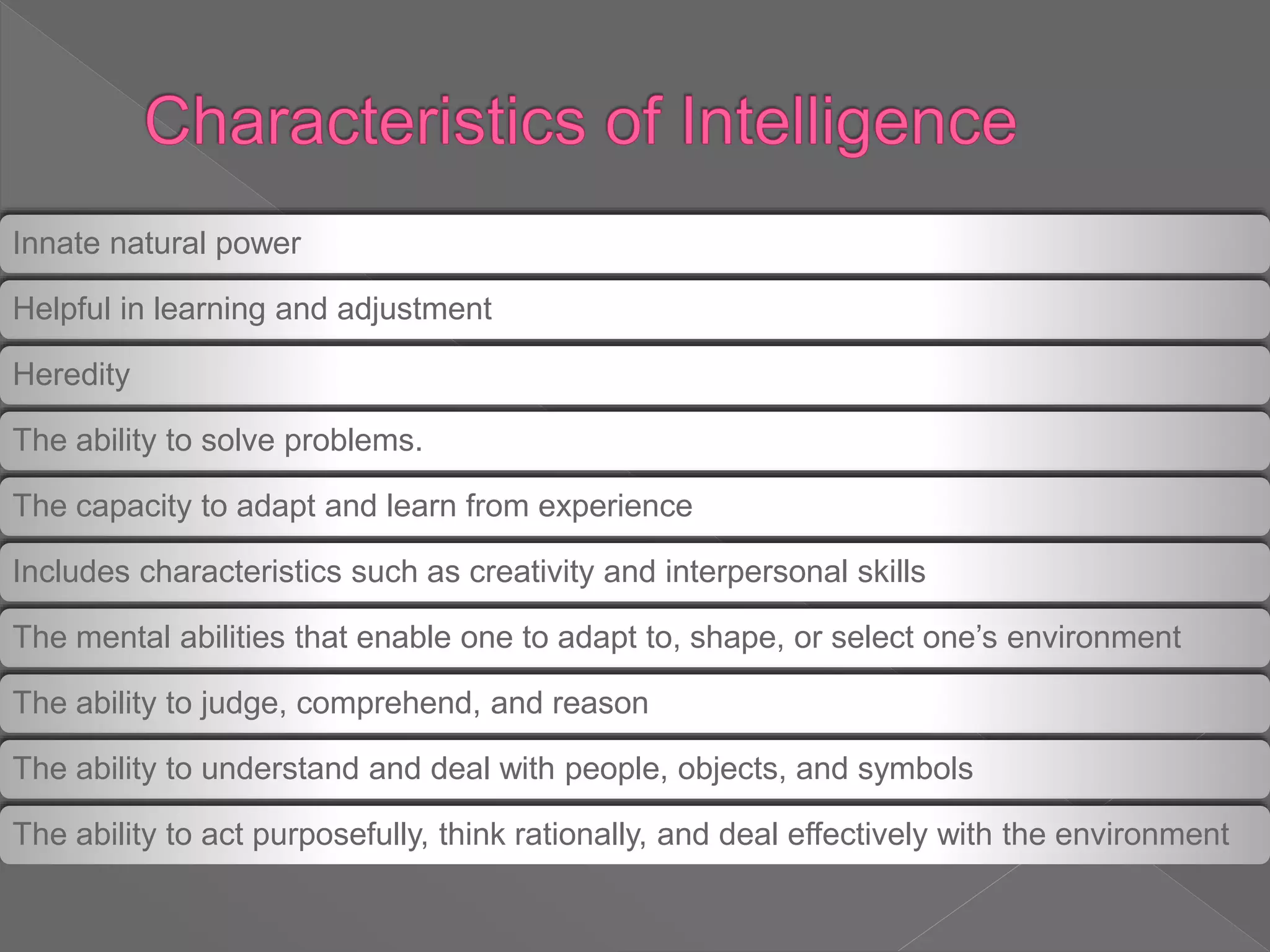 Innate natural power
Helpful in learning and adjustment
Heredity
The ability to solve problems.
The capacity to adapt and learn from experience
Includes characteristics such as creativity and interpersonal skills
The mental abilities that enable one to adapt to, shape, or select one’s environment
The ability to judge, comprehend, and reason
The ability to understand and deal with people, objects, and symbols
The ability to act purposefully, think rationally, and deal effectively with the environment
 