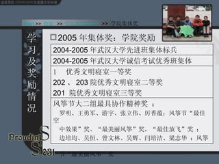 2005 年集体奖：学院奖励 学习及奖励情况 Start  >>  纲要   >>  学习及奖励情况  >>  学院集体奖 风筝节大二组最具协作精神奖 ； 　罗明、王勇军、游宇、张立伟、厉香蕴：风筝节“最佳空　　　　　　 　中效果”奖、“最美丽风筝”奖，“最佳放飞”奖 ； 　边培均、吴恒、曾文林、吴辉、闫培洁、梁志华 ：风筝　　　　　　　　　　　　　　 　节“最美丽风筝”奖  优秀文明寝室一等奖  202 、 203 院优秀文明寝室二等奖 　　  201  院优秀文明寝室三等奖  2004-2005 年武汉大学诚信考试优秀班集体 2004-2005 年武汉大学先进班集体标兵 