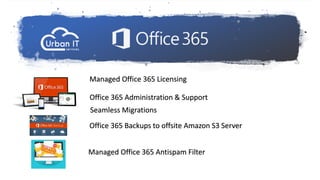 Managed Office 365 Licensing
Office 365 Administration & Support
Seamless Migrations
Office 365 Backups to offsite Amazon S3 Server
Managed Office 365 Antispam Filter
 