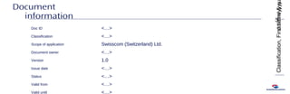 dd/mm/yyyy
3
Classification,Firstname&s
Document
information
Doc ID <…>
Classification <…>
Scope of application Swisscom (Switzerland) Ltd.
Document owner <…>
Version 1.0
Issue date <…>
Status <…>
Valid from <…>
Valid until <…>