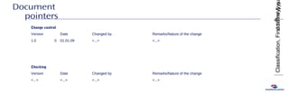 dd/mm/yyyy
4
Classification,Firstname&s
Document
pointers
Change control
Version Date Changed by Remarks/Nature of the change
1.0 0 01.01.09 <...> <...>
Checking
Version Date Changed by Remarks/Nature of the change
<...> <...> <...> <...>
 