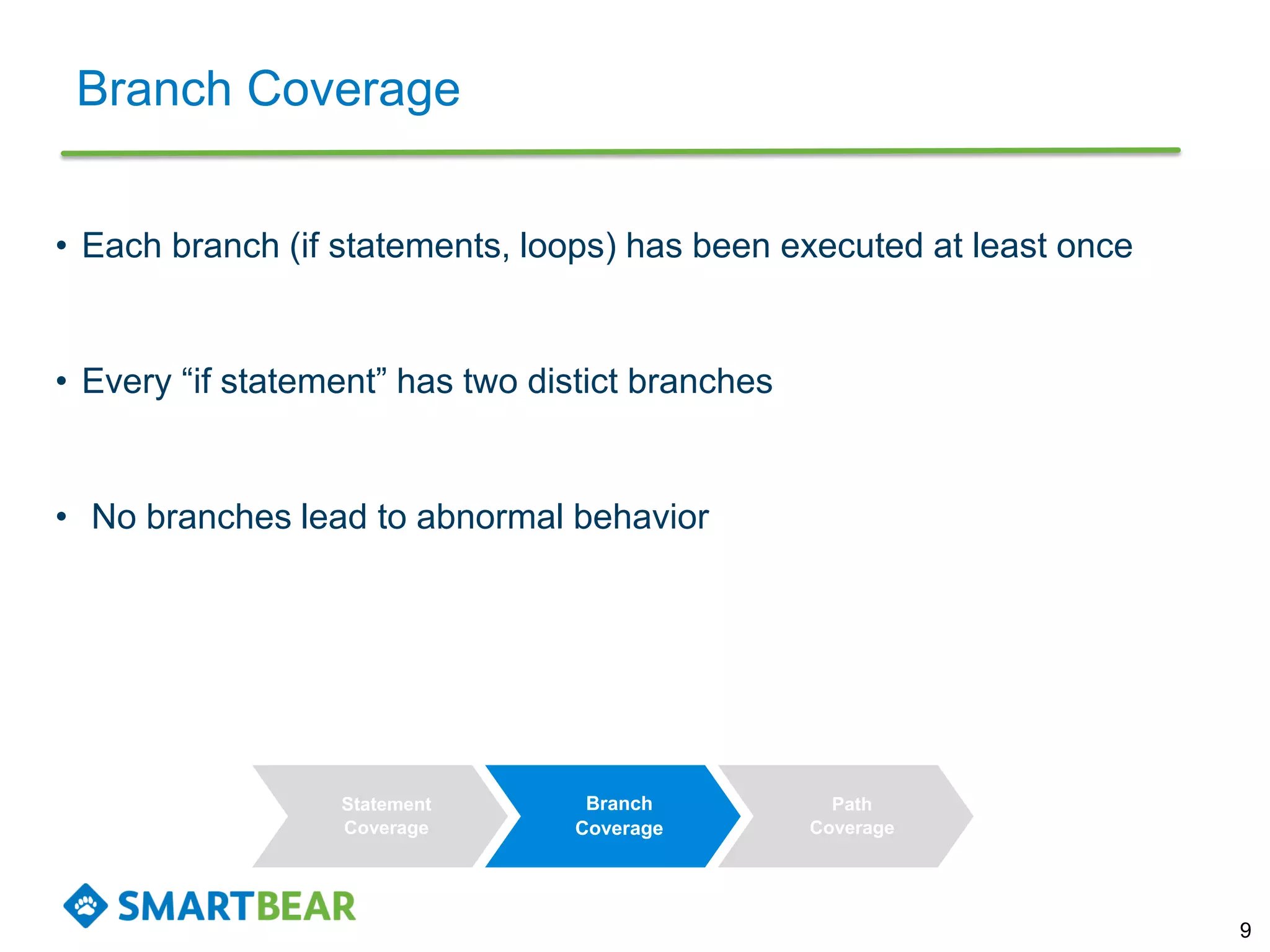 Branch Coverage
9
Statement
Coverage
Branch
Coverage
Path
Coverage
• Each branch (if statements, loops) has been executed at least once
• Every “if statement” has two distict branches
• No branches lead to abnormal behavior
 