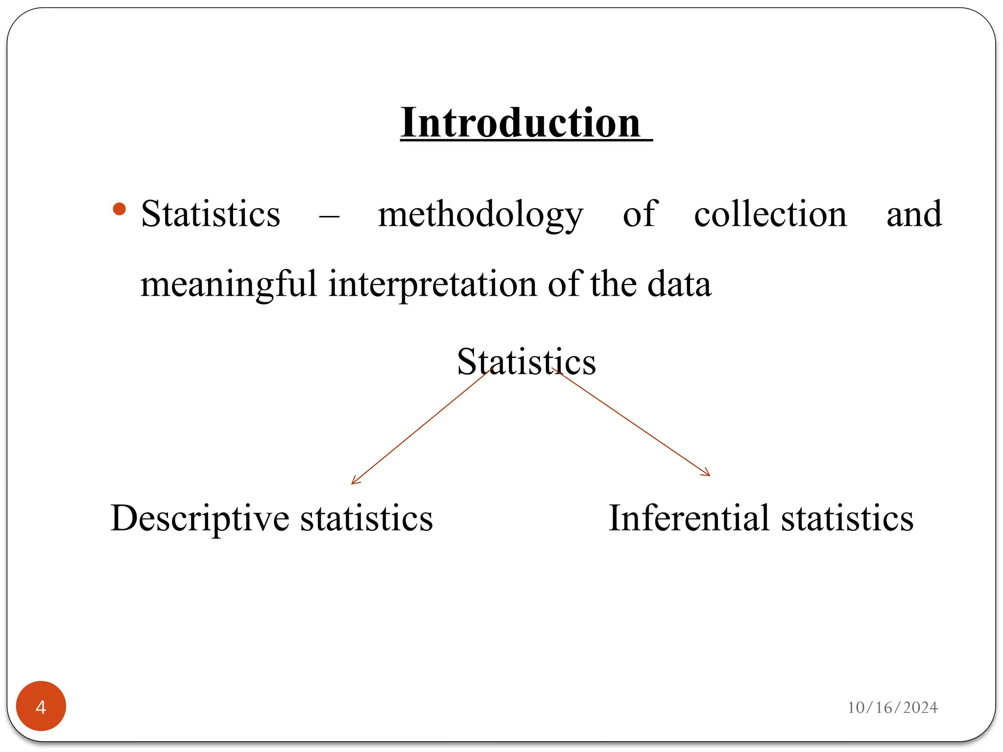 10/16/2024
Introduction
4
 Statistics – methodology of collection and
meaningful interpretation of the data
Statistics
Descriptive statistics Inferential statistics
 