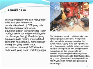 PENGEBORAN



Teknik pemboran yang baik merupakan
salah satu prasyarat untuk
mendapatkan hasil uji SPT yang baik.
Teknik pemboran yang umum
digunakan adalah teknik bor bilas (wash
 boring), teknik bor inti (core drilling) dan
bor ulir (auger boring). Peralatan yang         Bila digunakan teknik bor bilas maka mata
digunakan pada masing-masing teknik             bor yang digunakan harus mempunyai
pemboran harus mampu menghasilkan               jalan air melalui samping mata bor dan
lubang bor yang bersih untuk                    bukan melalui ujung mata bor. Apa bila air
                                                yang dipompakan melalui batang pancang
memastikan bahwa uji SPT dilakukan              kedasar lubang keluar dari ujung mata bor
pada tanah yang relatif tidak terganggu.        maka aliran air dari ujung mata bor
                                                tersebut dapat mengakibatkan terjadinya
                                                pelunakanganguan pada dasar lubang bor,
                                                yang pada gilirannya akan menghasikkan
                                                nilai N yang lebih rendah dari pada yang
                                                seharusnya .
                                                                                      14
 