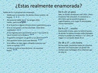 ¿Qué tipo de amiga eres?1- Las fechas de cumpleaños de tus amigas:B Las tienes apuntadas en tu cuadernoC Te acuerdas sobre todo de la de tu mejor amigaA Glups…2- El novio de tu mejor amiga te pone ojitos:C se lo cuentas enseguidaB Haces lo posible por no encontrárteloA Te parece guapo: le devuelves la mirada…3- Celia ha pasado todo el recreo con Noemi:A ¿Y…?C ¡Seguro que va a pasar de ti!B Estas un poco celosa pero te callas4- Elena no te hablaB Ya se le pasaraC Le escribes una notita para preguntarle que le pasaA Dejas de hablarle tu también            Calcula tu puntuación:      A = 0                                                           B = 1                                                           C = 2Tienes entre 1 y 5 puntosEn lo tocante a la amistad, eres un poco inconstante. Es verdad que te encanta quedar con tus amigas, ¡pero que no te pidan que hagas ningún esfuerzo! ¿No te parece un poco egoísta?Tienes entre 6 y 9 puntosNo intentas hacerte la superamiga de todo el mundo. Haces la distinción entre las chicas de tu clase con las que te llevas bien y tus verdaderas amigas.Tienes 10 o mas puntosSOS amistad, ¡Esa eres tu! Siempre estas dispuesta a hacer favores. Pero en cambio, que ni se les ocurra mantenerte al margen. Si tu amiga charla con otra, lo consideras una traición. Cuidado ser amigas no significa transformarse en hermanas gemelas…