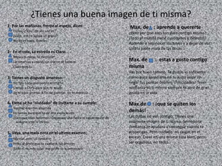 ¿Estas impaciente por hacerte mayor?1- Si tuvieras un espejo mágico te gustaría verte:       A los 20 años con tu novio       A los 15, en el instituto      Con un nuevo corte de pelo2- Te maquillas para parecer mayor:       Para una fiesta, porque no…       ¡No gracias, podrías hacer el ridículo!        Has probado a ver y te gusta como queda3- La idea de que tu cuerpo vaya a transformarse con la pubertad…       Te entusiasma: ¡estas desando ver el cambio!        Te da igual. ¡Como total no hay prisa!         Te angustia un poco: ¿y si no te gustara?4- Los chicos que te gustan…       Son mayores que tu, por lo tanto muy interesantes       Son mas o menos de tu edad, comparten montones de cosas        ¿Qué chicos? ¡Ya tendrás tiempo de pensar en el amor!5- El mundo de los adolescentes …       ¡Es otro planeta!         Te intriga y te atrae        Solo esperas una cosa: formar parte de elMax. de      : cuanto antes mejorNo esperas otra cosa que hacerte mayor. En tu opinión el futuro es mas atractivo es mas atractivo que el presente.  Te pones furiosa cuando los adultos te tratan como una niña. ¡No te precipites!Max. de     : no hay prisa“Despacio pero segura” te repites. Hacerte mayor es algo que no te obsesiona. Claro que piensas en ello: hay cosas que te gustaría hacer  y tienes proyectos. Pero hasta poder realizarlos, no te preocupa en lo mas mínimo.Max. de      : despreocupadaSi ya la semana que viene te parece algo muy lejano, ¡que no te vengan entonces con tu futuro! En tu opinión, hacerte mayor no significa gran cosa, aparte de crecer unos centímetros. Vivir el día sin complicarte, esa es tu receta
