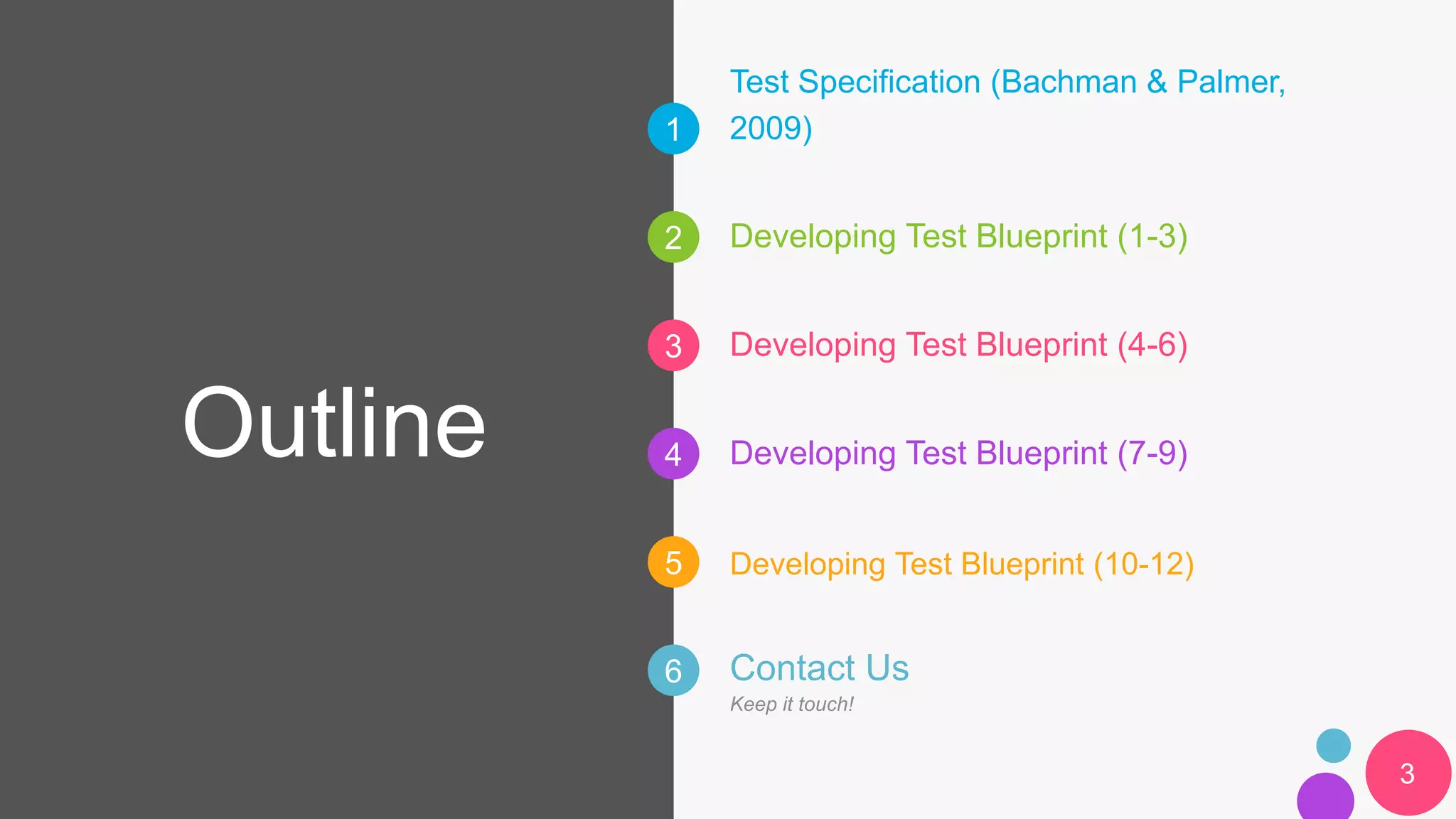1
2
3
4
5
6
Outline
Test Specification (Bachman & Palmer,
2009)
Contact Us
Keep it touch!
Developing Test Blueprint (1-3)
Developing Test Blueprint (4-6)
Developing Test Blueprint (7-9)
Developing Test Blueprint (10-12)
3
 