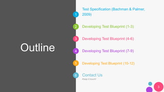 1
2
3
4
5
6
Outline
Test Specification (Bachman & Palmer,
2009)
Contact Us
Keep it touch!
Developing Test Blueprint (1-3)
Developing Test Blueprint (4-6)
Developing Test Blueprint (7-9)
Developing Test Blueprint (10-12)
3
 