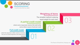 01
02
03
SCORING
The Power of PowerPoint | thepopp.com 8
3 points described by steps
Full credit model
where the response is either correct or incorrect.
The sum of correct response is the total score of
students
A partial credit model
where some responses receive full credit while
some others receive fractional credit
Weighting of items
The simplest method is placing
equal weight for each item
 