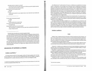 ¿Qué siente usted con respecto asu abuela?
Una de las pocas cosas que puedo recordar de mi infancia es que ani no estaba encerrado.
(Porlas ta/des podía hacerallílo que quena.)
f>.2.2 ¿Qué es lo que más necesita el árbol?
Sus hojas.
¿Por qué?
Porque desde la posición en que lo dejarnos hace un rato, tiene todo lo que necesita para
ser hermoso.
C15 ¿En quién lo hace pensar esa casa?
En Maria.
¿Porqué?
No tiene sentido tener una casasin ena.
Cl6 ¿Qué es lo que más necesita esacasa?
Nonecesita nada.
P20 Esa persona ¿qué clase de ropa tiene puesta?
Saco de entrecasa con pantalones comunes; quiero decir que abajo tiene pantalones co-
munes. Chinelas de dormir.
Describió el plano de la planta de su casa de la siguiente manera:
Los dos cuadrados en el área del techo estaban destinados a representar ventanas de bohar-
dilla. Atinnó que tenía intensiones de borrar las dos aberturas rectangulares que sobresalen del
borde inferior del techo, pero que luego se olvidó de hacer1o. La ventana única, bien ubicada en
el segundo piso, da a la habitación que él tornaría como dormitorio. Los dos pseudorectángulos
{abiertos amba) ala derecha de laventana del segundo piso, representan las columnas del zaguán.
En la planta baja las dos ventanas de la izquierda dan al living; la puerta lleva hacia un pa-
sillo; la primera ventana hacia la derecha de la puerta da a una sala de estar, y la otra, a la sala
de música; detrás de la sala de música habrá ¡un bar o cocina! La omisión del cuarto de baño o
dormitorio para algún otra persona, en el segundo piso, destacan más aún los conflictos interfa-
miliares del paciente.
ANÁLISIS DEL HTP ANTERIOR A LA TERAPIA
Análisis cuantitativo *
El CI bueno bruto es de 83, el CI neto pesado, de 85; el CI bueno pesado, de 91 ; el CI de-
fectuoso pesado. de 74. Este nivel funcional relativamente bajo pone de manifiesto la magnitud
del desajuste de R. (no caben dudas de que tiene por lo menos una inteligencia media).
• La explicación del procedimiento asegoJr para los puntajes cuantita!Nos es demasiado elaborada como para incür1a
en este libro, pero puede encontrarse en Bucl<.1 (Ed.)
206 JOHN N. BUCK
Una diferencia de 17 puntos sobre el CI bueno y el defectuoso es patofórmica· (de todos
modos, la observación de los puntajes brutos demuestra que su incapacidad de apreciación
critica no es inferior de un modo unifbrme y que su fracaso critico es más agudo en la situación
hogareña). El puntaje de buena proporción está disminuido, pero no hasta el grado en que es
frecuente encontrarlo en los HTP de estudiantes universitarios, cuya fijación en los elementos
más abstractos de la vida interfiere con su capacidad para resolver con facilidad y rapidez pro-
blemas más prosaicos. Los puntajes defectuosos que R. obtuvo en Proporción y en Perspecti-
vas son patológicamente bajos, lo cual demuestra que su desajuste es grave (pues ha afectado
tanto al juicio critico como al insight critico).
De los tres dibujos, los puntajes de la casa son los más disminuidos. En consecuencia po-
demos deducir que: 1) la mayor fuente de conflicto del examinado se encuentra en su casa y
en aquellos que la ocupan; 2) en general le resulta dificil mantener relaciones interpersonales
intimas de un modo satisfactorio.
Los signos positivos del análisis cuantitativo son: 1) Los defectuosos en su mayoría son del
tipo D1 (menor); 2) todos los puntajes defectuosos más importantes se restringen a la casa (lo
cual implica que el desajuste es malo sólo en una situación especifica); 3) Los puntajes de Detalle
se mantienen altos y tiene 29 puntajes A (eso indica que está luchando por mantener un buen
contacto con la realidad); 4) no hay ningún signo patológico, aunque se observan patofórmicos (el
patrón promedio de los puntajes contradice la posibiliclad de alguna perturbación psicótica).
Análisis cualitativo
CASA
Detalles. Falta un detalle esencial Oa chimenea): Rsiente la ausencia de calor de hogar; y no
tiene un buen ajuste sexual. Ha omitido las hojas de la ventana (fuertes tendencias oposicionis-
tas). Hay un énfasis excesivo en las ventanas y en el modo de presentarlas (esto sugiere la exis-
tencia de una fijación en los orificios). La acentuación de las llamadas líneas continentes indica
que el paciente siente que está perdiendo control.
La secuencia de los detalles es atípica lo que significa que el proceso gráfico determinó asocia-
ciones de fuerte tinte emocional que dificultaron la buena estructuración yla ejecución de un plan.
Proporción. A medida que nos alejamos de la línea del suelo (realidad) las ventanas se van
haciendo cada vez más grandes Oo que denota la existencia de fantasías hostiles y la inade-
cuada integración de la personalidad del examinado).
Perspectiva. La organización llama la atención por lo extremadamente deficiente; en efecto, es
tan pobre que sugiere la posibilidad de unapsicosis. El emplazamiento de la casa revela que en la
situación hogareña el paciente se comporta de una manera más impulsiva yemocional.
Tiempo. El tiempo que empleó para realizar el dibujo (6 minutos, 45 segundos) es excesivo:
indica que la casa es para el examinado un área muy delicada. Hubo una pausa inicial, y pau-
sas periódicas a lo largo de todo el dibujo; esto revela una gran indecisión.
Cualidad de la línea. La cualidad extremadamente vacilante de la linea es patológica: está
muy acentuada la línea continente del techo (área de la fantasía); es posible que el paciente
• Que tiende hacia lo patológico.
13. EL CASO DE R: ANTES Y DESPU~S DE LA TERAPIA 207
 