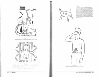 FGUIA 7
Dibujo clasificado como represemativo de un estado mental simbólico.
Fon 8
Dibujo que el paciente describió como "lSl pojpo mecarUadocon tenlárulos de
acero y bombitas de tuz como garras. Los ci"culos del cuerpo parecen rieles de sub·
terráneo, y al10la que lo veo de nuevo, la roona de los tentáculos también forman un
COll'edor muy iluminado. sin paredes y desierto·.
272 M. R. HARROWER
o
Fon 9
8 examinadodescnbió este dibujo de ta siguiente
maneta: "Oesiltegración de ta personaidad; pérdida
de la mismidad. Significaría pé<didade la visión. La
cabeza dentro del circulo significa recesión, más que
receso, sumersión de la conciencia, dela sensación
del sentimiento. Los miembros ·atroche y moche' y
de cualquier modo, significan destrucción de la volun·
tad y de la á.-ección, excéntricos al cirOJlo para mos·
trar la wdstencia de movimiento y de contacto, p&-o
movimiento indiscritOOadoe incoorci'lado. y contacto
ciego, inse<lSlble".
..
S
'.
~
'
~
FGUIA10
Dibujo que representa lSl deino: Víbora en el estómago.
16 TEST DEL CONCEPTO MÁS DESAGRADABLE 2 73
 