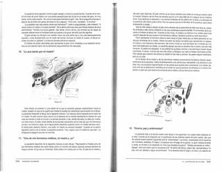 ,...
la paciente librea agresión contra el gato salvaje y contra su propia familia. Cuando se le mos-
tró el modo de echar fijador con una pistola especial para fijar la tiza en el retrato del gato, rió muy
fuerte. como solía hacerlo. "Es como si estuviese tirándole al gato". dijo. Se le preguntó entonces si
alguna vez se sintió con ganas de tirarle un tiro a alguien. ·va lo creo -contestó-. Amuchos."
"¿Le gustaría usar esta pistola contra sus hermanos?", voM6 a preguntársele, y ella contestó: "A
veces contra mi madre y mi padre también". Se la alentó entonces para que hiciese retratos de esos
sentimientos. "Tendría una buena galería", dijo riendo. Como vemos. por primera vez es capaz de
expresar abiertamente la hostilidad hacia sus padres y de gozar del alivio que ello significa.
8 gato salvaje fue dibujado con rapidez; tiene una sola parte roja y una cola descaradamente
erguida y unida directamente con el cuello del animal. Aunque no existe el cuerpo, el dibujo ex-
presa muy bien la "gatidad" y la bravura de este animal en especial.
8 empleo de partes disociadas para representar al gato como totalidad y a su especial natura-
leza es otro ejemplo típico de los elementos esquizofrénicos de respuesta.
10. "Lo que siento por mi madre"
_,-- ·-
-c.!.~~.~ ~
i .., - 1
FIGURA 10
Este retrato es posterior a una sesión en la que la paciente expresó resentimiento hacia su
madre, ocasión en que se le sugirió que hiciese lo posible por exteriorizar esa emoción en el dibujo.
la paciente interpretó el dibujo de la siguiente manera: "la máscara de la izquierda es el rostro de
mi madre. 8 palo marrón rojizo oscuro (a la derecha de la madre) representa la manera en que
trata de mandar a todo el mundo y la escoba (amarilla y roja. detrás del palo), su afán por mante-
ner todo limpio. 8 plato verde (detrás de la escoba) representa cómo trata de que mis hermanos
coman y el contorno negro de la figura (parte izquierda superior) cómo mi madre siempre corre.
8 sobre (lado derecho inferior), una carta; mi madre es siempre sociable". Cuando en la sesión
siguiente voM6 a ver el retrato, la paciente exclamó: "Huy, espero que mi madre no vea esto". la
terapeuta le aseguró que eso no ocurriría.
11. "Uno de mis hermanos mellizos, mi madre y yo"
La paciente describió de la siguiente manera a este dibujo: "Representé a Freddy (uno de
sus hermanos mellizos de cuatro años) como un montón de platos cayendo porque siempre se
niega a comer. El ojo soy yo mirándolo. Está unido a mi madre por un hilo. 8 palo es mi madre y
358 MARGARET NAUMBURG
del palo caen lágrimas. (El palo marrón es el mismo símbolo que utilizó en el dibujo anterior para
la madre). Ninguno de los fines de semana que fui a mi casa dejé de oír a alguno de los mellizos
llorar. (las lágrimas lo expresan). los colores brillantes de los platos son el brillo y la felicidad de
la juventud; sólo tiene cuatro años. Eso se supone que es la felicidad de la juventud, pero estoy
empezando a dudar..."
Aquí la niña vuelve a dibujar el palo como símbolo de la costumbre de retar que tiene su madre.
Se simboliza a ella misma mediante un ojo que contempla la escena tarníliar. El comentario de la pa-
ciente al finalizar el dibujo fue: "Cuando yo era chica, mi madre y yo éramos muy unidas; pero todo
cambió después de que nacieron mis hermanos mellizos. Nacieron cuando yo tenía doce años".
Para representar al hermano utiliza en este dibujo el plato verde que ya había aparecido en los
dibujos anteriores de la madre. Utiliza una serie de platos circulares que representan la cabeza,
el cuerpo y los miembros del hermano. del mismo modo en que se hacen las muñecas de ma-
dera articulada para los bebés. la paciente agregó que ella se parecia más al padre. que era más
tranquilo. El padre era abogado. A sus padres les gustaba caminar y los domingos hacían largas
caminatas. A veces, cuando ella era más chica, la llevaban con ellos si hacían caminatas cortas.
Pero desde que nacieron los chicos su madre no iba más a caminar. Su padre seguía haciéndolo,
pero en un club.
En el retrato de la madre y de los hermanos mellizos encontramos los típicos dibujos esqui-
zofrénicos de la paciente. Utiliza simbólicamente a las partes para representar una persona o una
idea; hay una excesiva fragmentación en las partes que emplea para caracterizar ala madre; pa-
rece otra vez la abstracción simbólica en el modo en que la paciente se simboliza a si misma me-
diante un gran ojo que observa la conducta de la madre y de los hermanos mellizos.
FIGlJ1lA 11
12. "Guerra, paz y enfermedad"
la paciente trajo a la tercera sesión este dibujo y los siguientes. los cuales había realizado en
la sala. Cuando se le preguntó por el significado de las distintas partes de este cuadro, dijo que
las pelotas (pane superior izquierda) eran la ·enfermedad". Las lineas anaranjadas de la izquierda
son hombres, soldados. El negro y el púrpura son el fuego de la guerra. la gran cabeza amarilla
y verde, en el entro a la izquierda, es ·uno que empieza la guerra". "Estaba pensando en Hitler".
agregó, "pero por cierto que no se parece a él." El centro del dibujo, según dijo, representaba a "la
paz, con sol, árboles y agua; es primavera·. "A la derecha está el fuego y el dolor y la valentía de
21 . ILUSTRACIÓN DE UN CASO 359
 