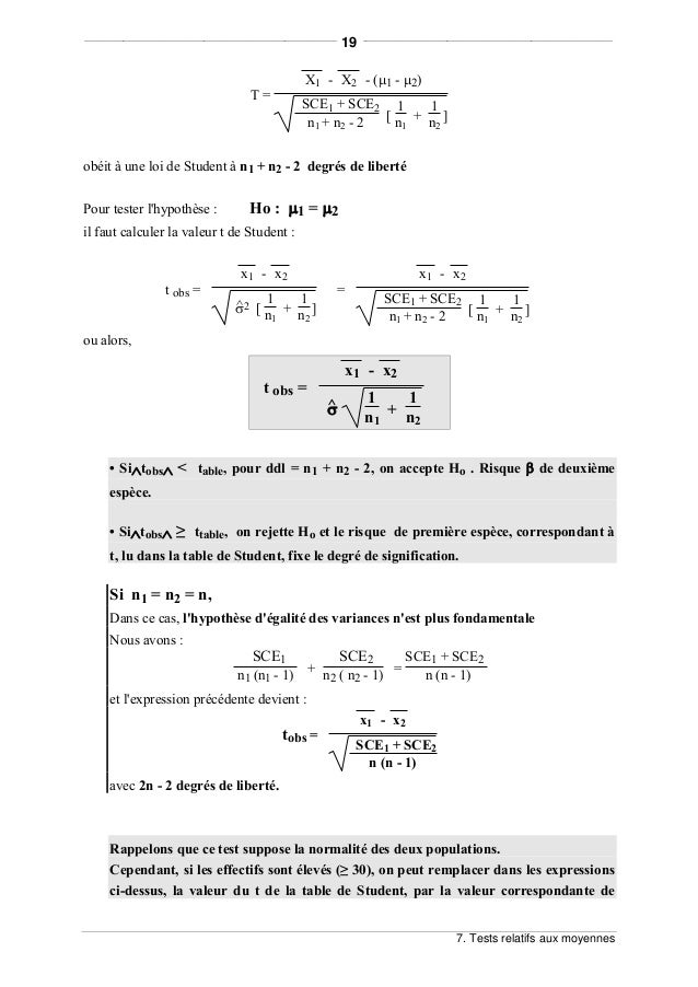 Tests Relatifs Aux Variances Et Aux Moyennes
