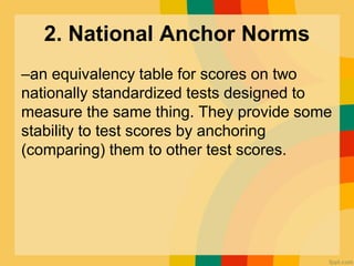 2. National Anchor Norms
–an equivalency table for scores on two
nationally standardized tests designed to
measure the same thing. They provide some
stability to test scores by anchoring
(comparing) them to other test scores.
 